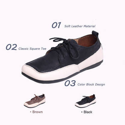 Color Block Square Toe Lace Up Flat Shoes - Luckyback