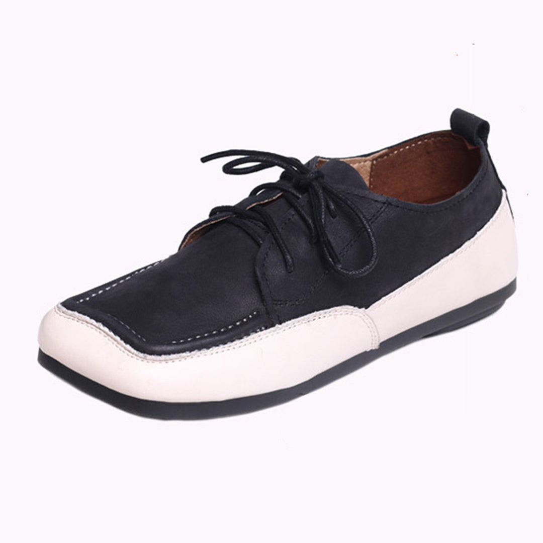 Color Block Square Toe Lace Up Flat Shoes - Luckyback