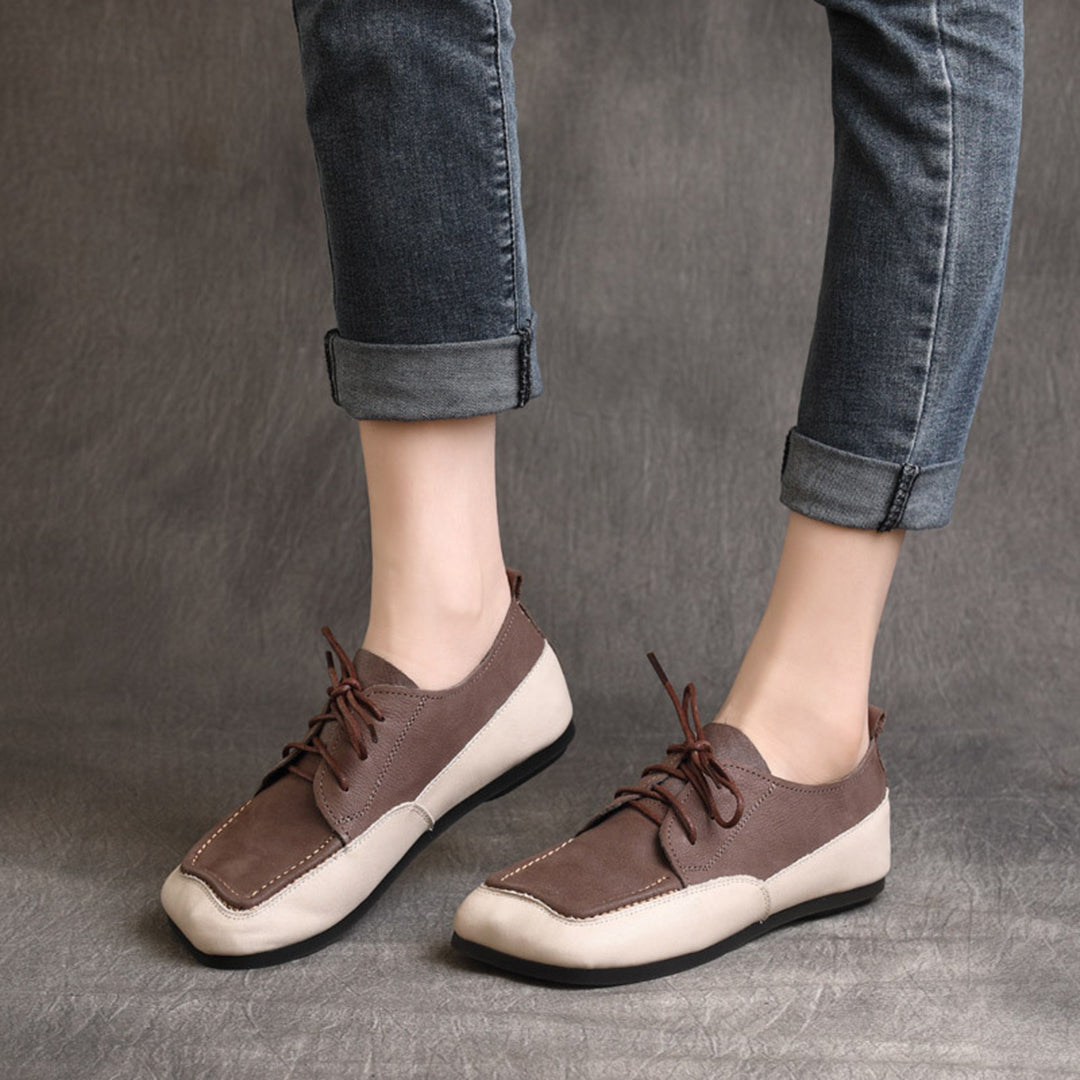 Color Block Square Toe Lace Up Flat Shoes - Luckyback