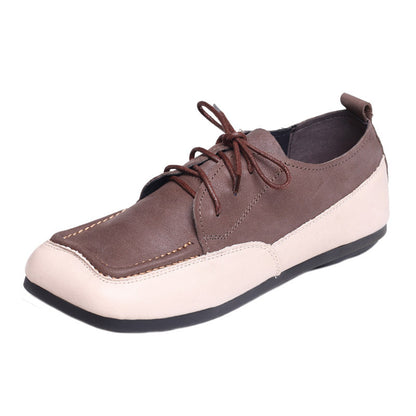 Color Block Square Toe Lace Up Flat Shoes - Luckyback