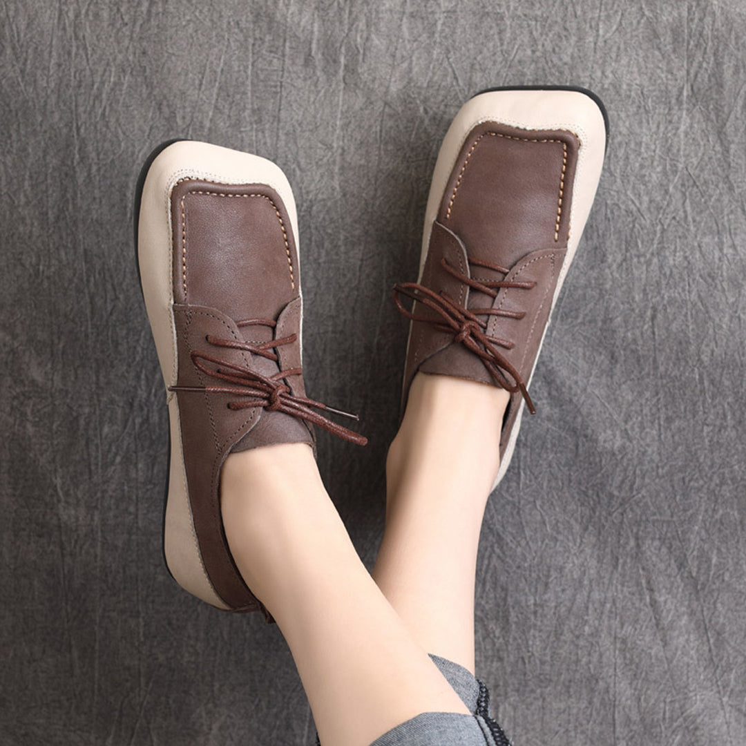 Color Block Square Toe Lace Up Flat Shoes - Luckyback