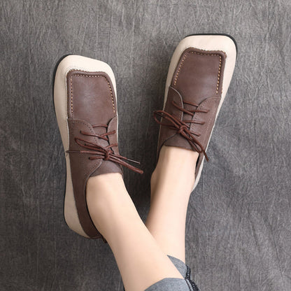 Color Block Square Toe Lace Up Flat Shoes - Luckyback
