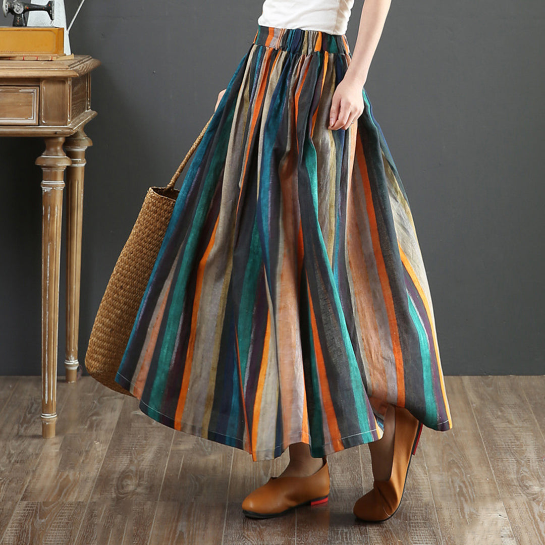 Colorful Striped Linen Midi Skirt - Luckyback