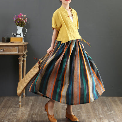 Colorful Striped Linen Midi Skirt - Luckyback