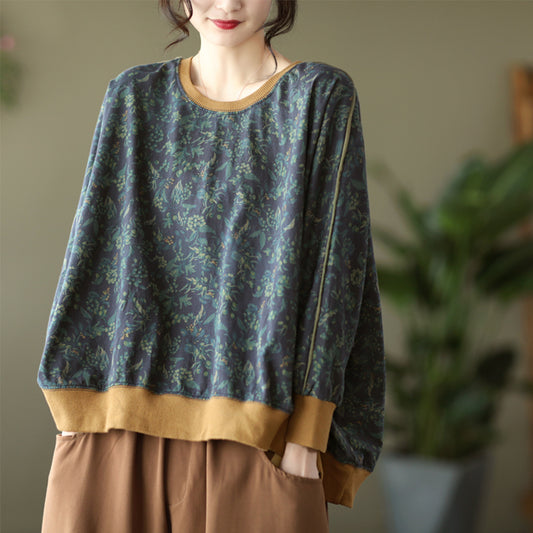 Cotton Print Loose Fit Long Sleeve T-shirt - Luckyback