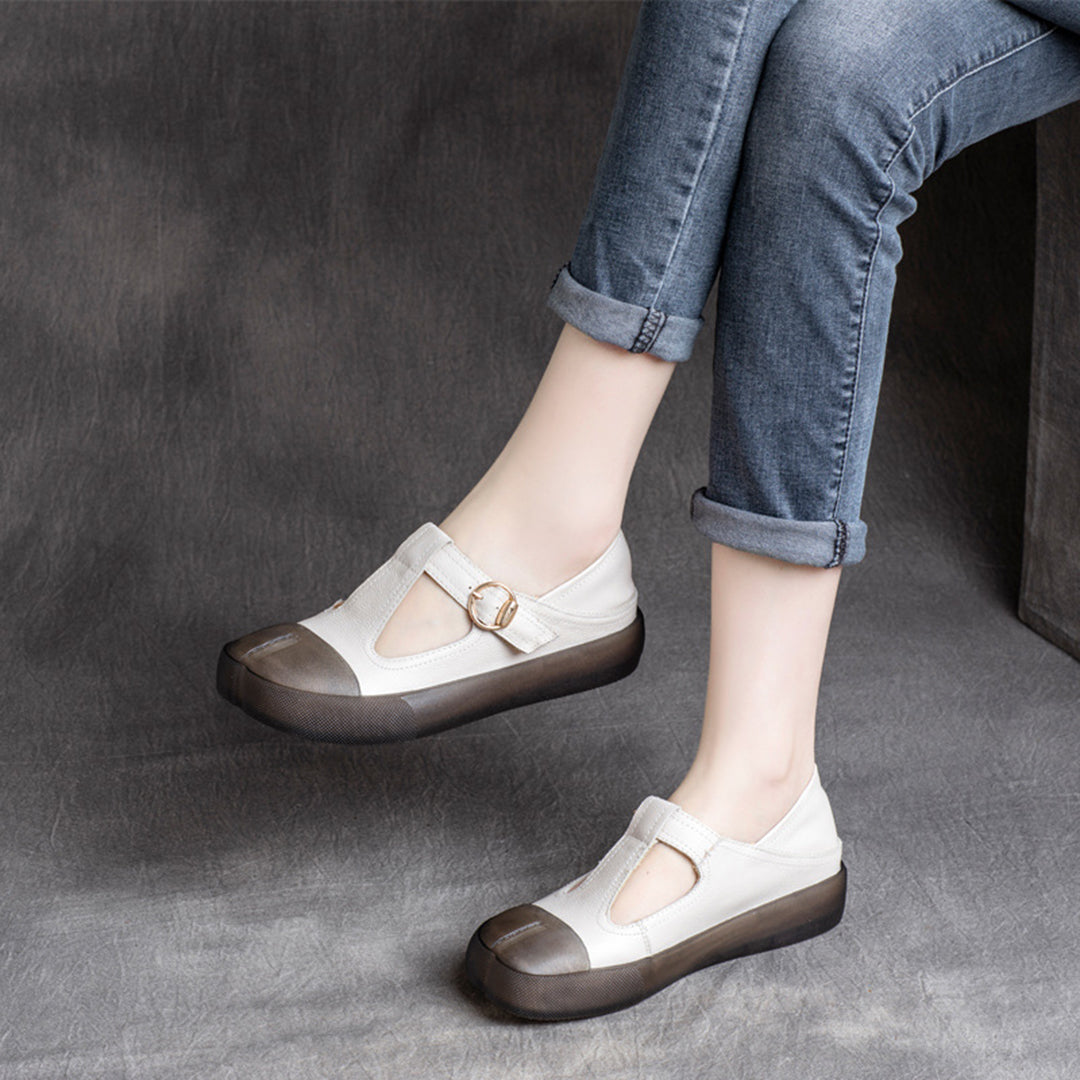 Cowhide Velcro Square Toe Shoes With Buckle