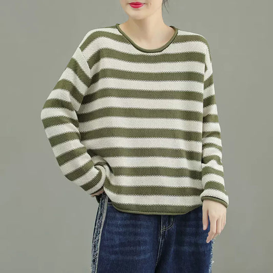 Crew Neck Color-Block Stripes Knitted Sweater