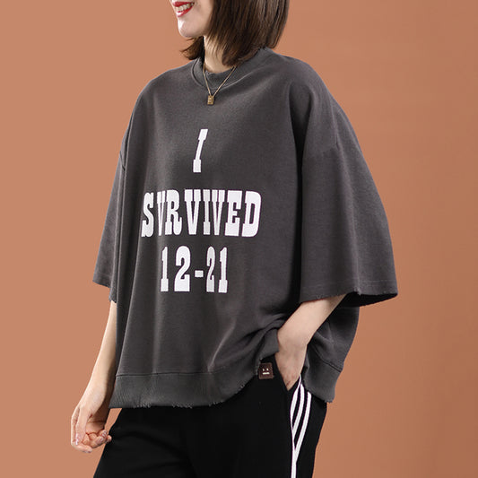 Crew Neck Loose Fit Letter Print T-Shirt - Luckyback