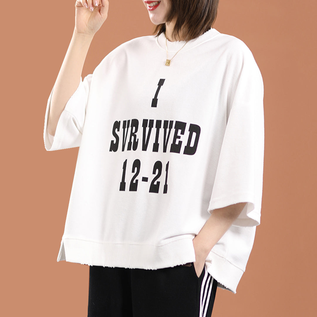 Crew Neck Loose Fit Letter Print T-Shirt - Luckyback