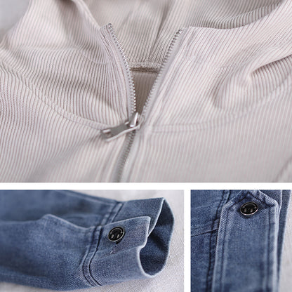 Denim Paneled Front Zipper Hoodie