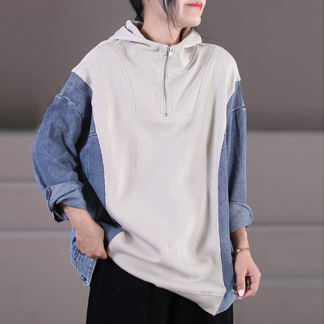 Denim Paneled Front Zipper Hoodie