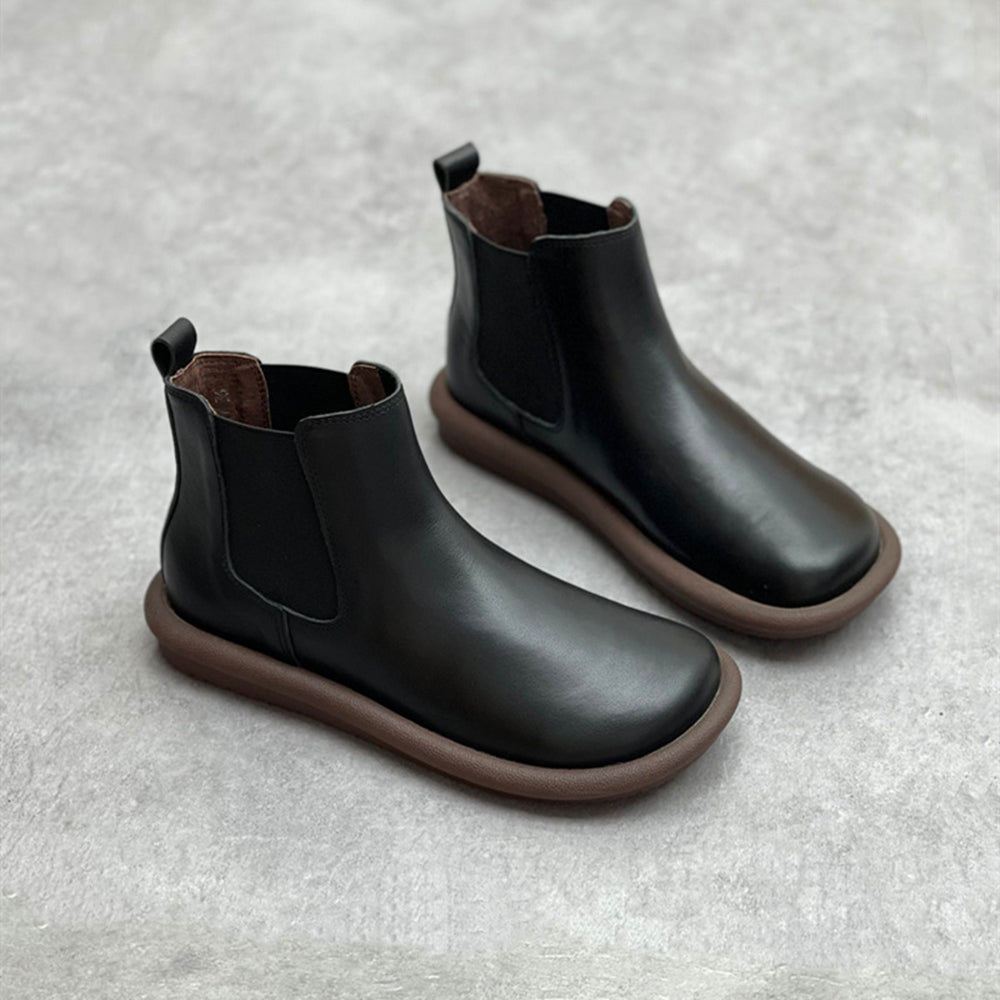 Elastic Leather Flat Chelsea Boots for Women