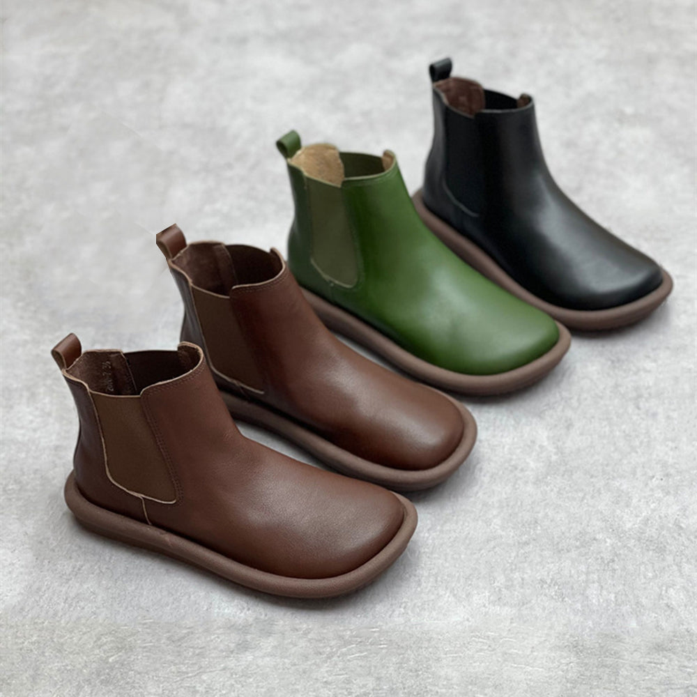 Elastic Leather Flat Chelsea Boots for Women