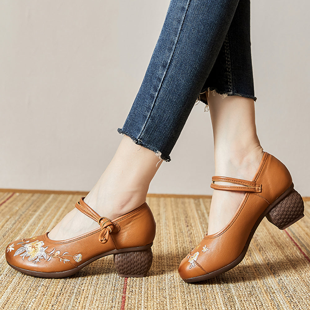 Embroidery Ethnic Style Chunky Heels Shoes