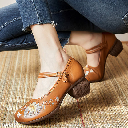 Embroidery Ethnic Style Chunky Heels Shoes