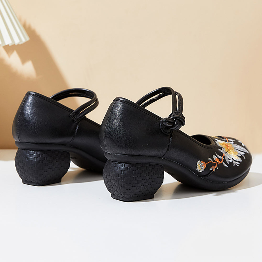 Embroidery Ethnic Style Chunky Heels Shoes