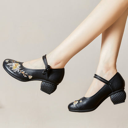 Embroidery Ethnic Style Chunky Heels Shoes