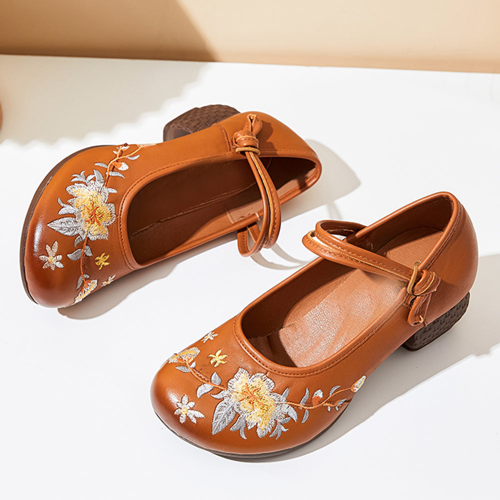 Embroidery Ethnic Style Chunky Heels Shoes