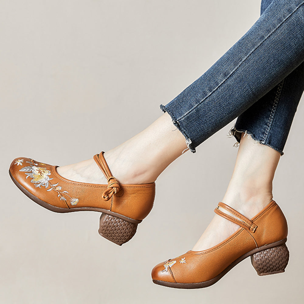 Embroidery Ethnic Style Chunky Heels Shoes