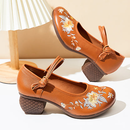 Embroidery Ethnic Style Chunky Heels Shoes