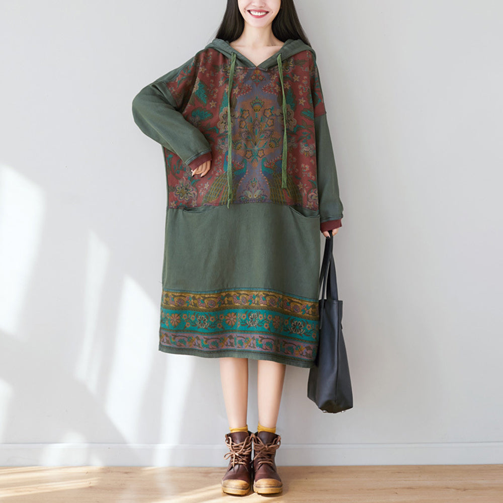 Ethnic Style Printed Stitched Hooded Dress
