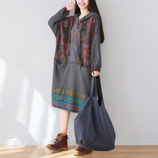 Ethnic Style Printed Stitched Hooded Dress