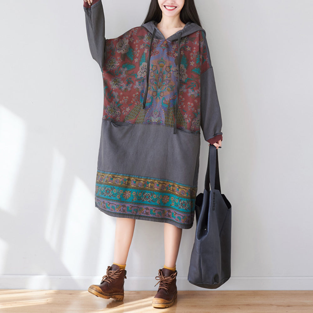 Ethnic Style Printed Stitched Hooded Dress