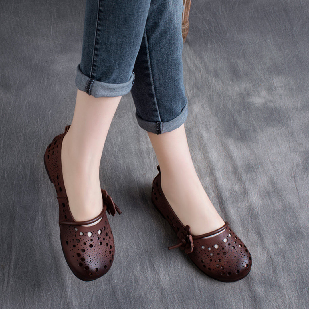 Eyelets Breathable Leather Flower Slip-On Shoes - Luckyback