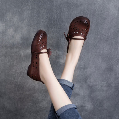 Eyelets Breathable Leather Flower Slip-On Shoes - Luckyback