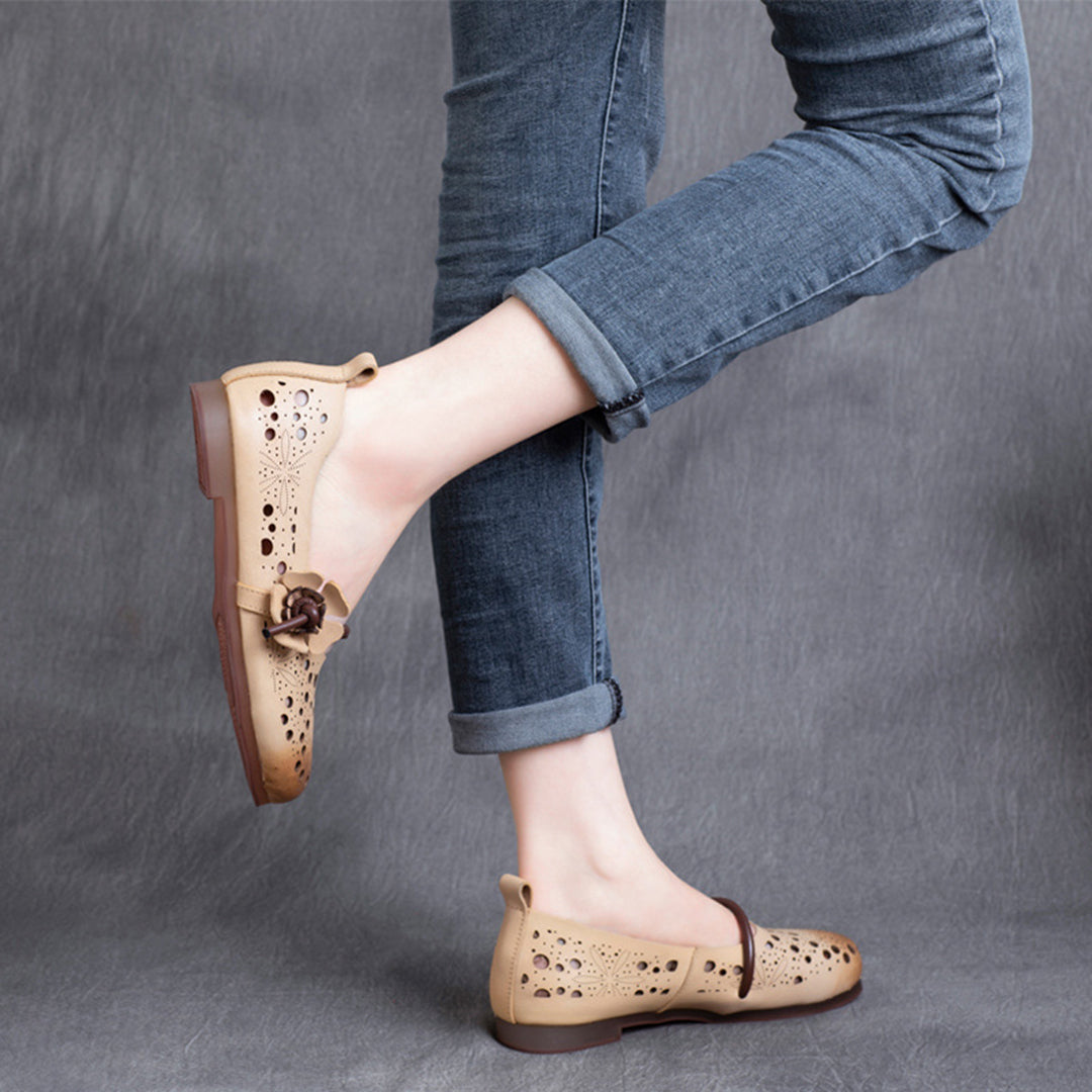 Eyelets Breathable Leather Flower Slip-On Shoes - Luckyback
