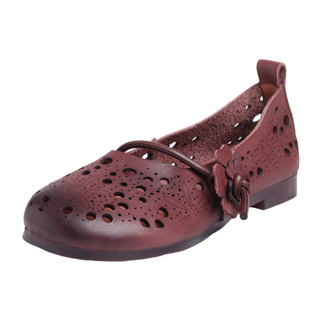 Eyelets Breathable Leather Flower Slip-On Shoes - Luckyback