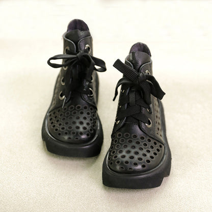 Eyelets Lace Up Mid Heel Boots - Luckyback
