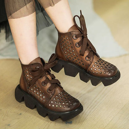 Eyelets Lace Up Mid Heel Boots - Luckyback