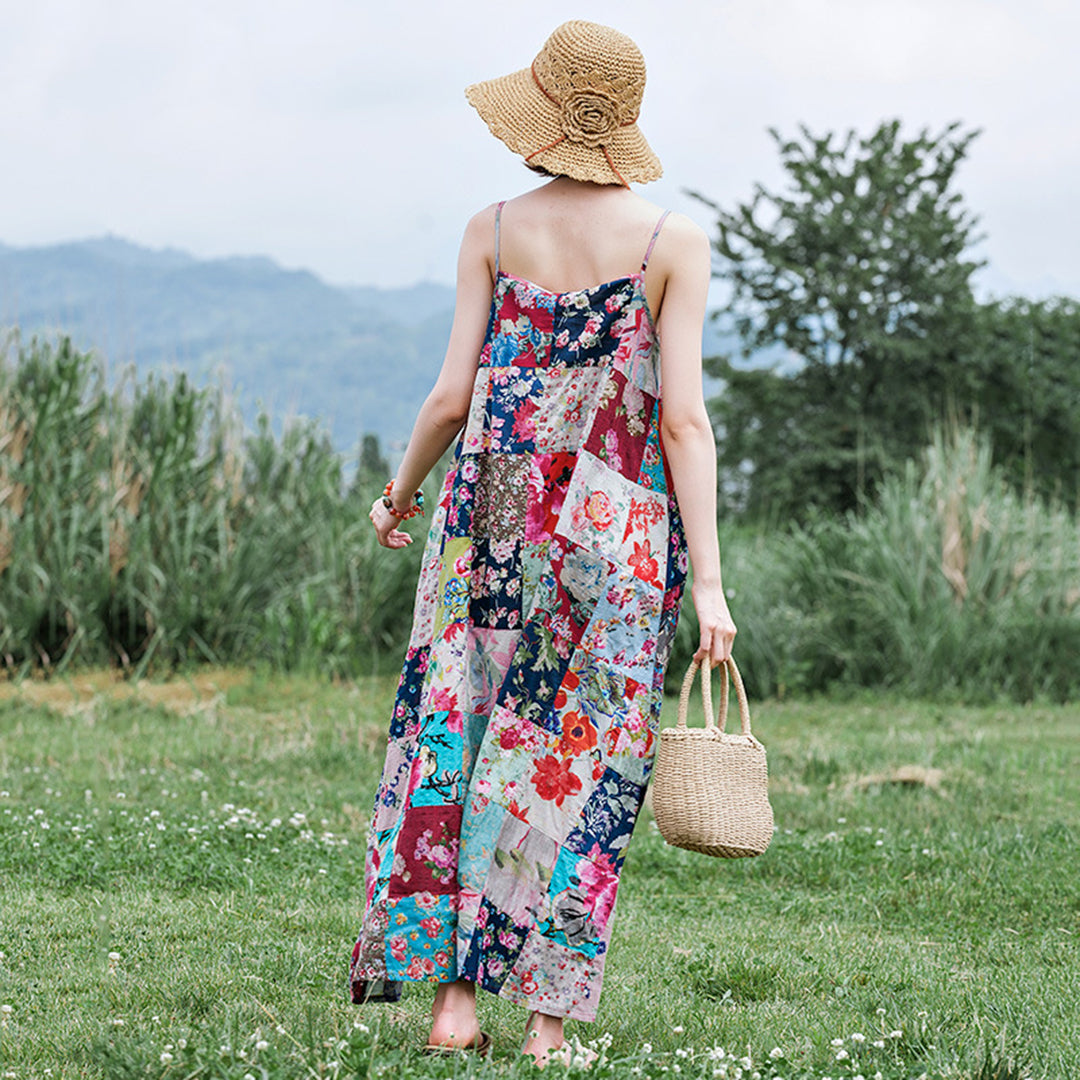 Floral Grid Sleeveless Dress - Luckyback