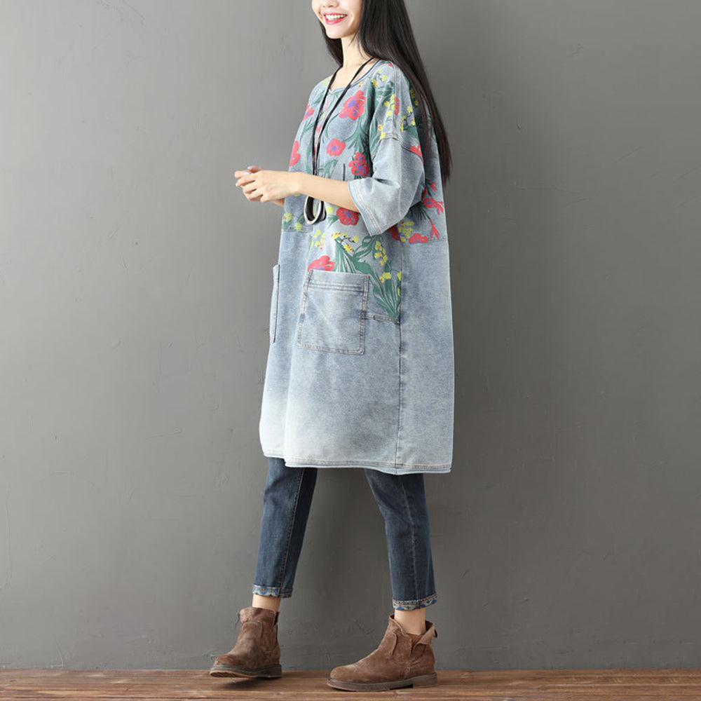 Floral Half-Sleeve Denim Dress With Pockets