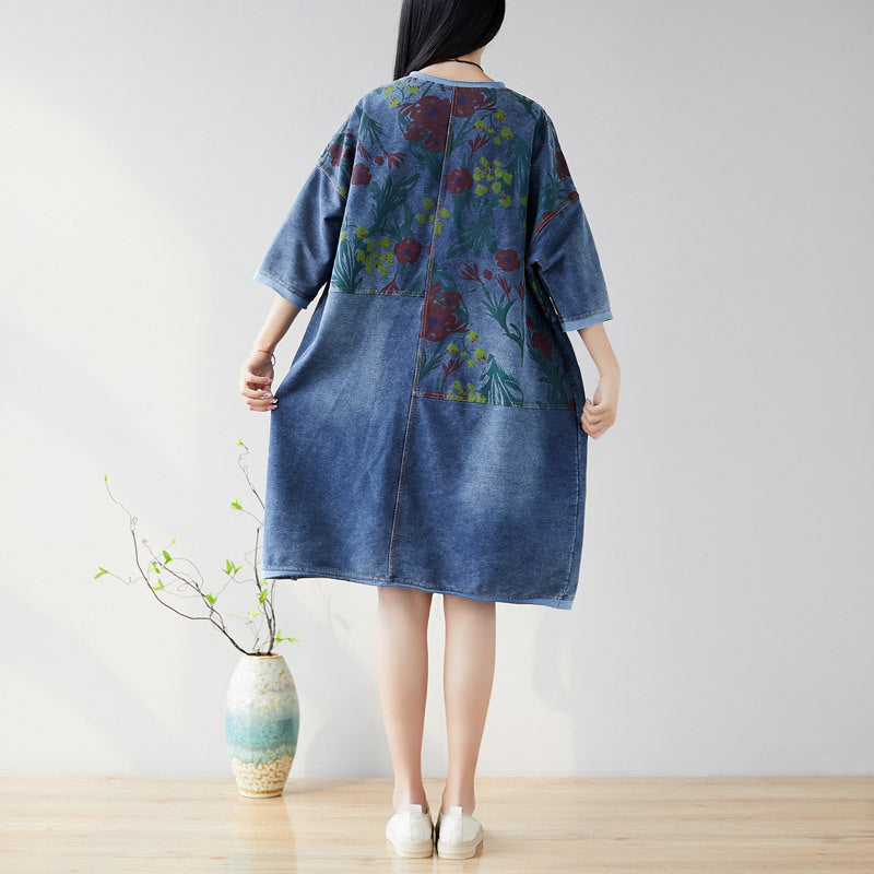 Floral Half-Sleeve Denim Dress With Pockets