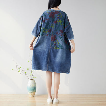 Floral Half-Sleeve Denim Dress With Pockets