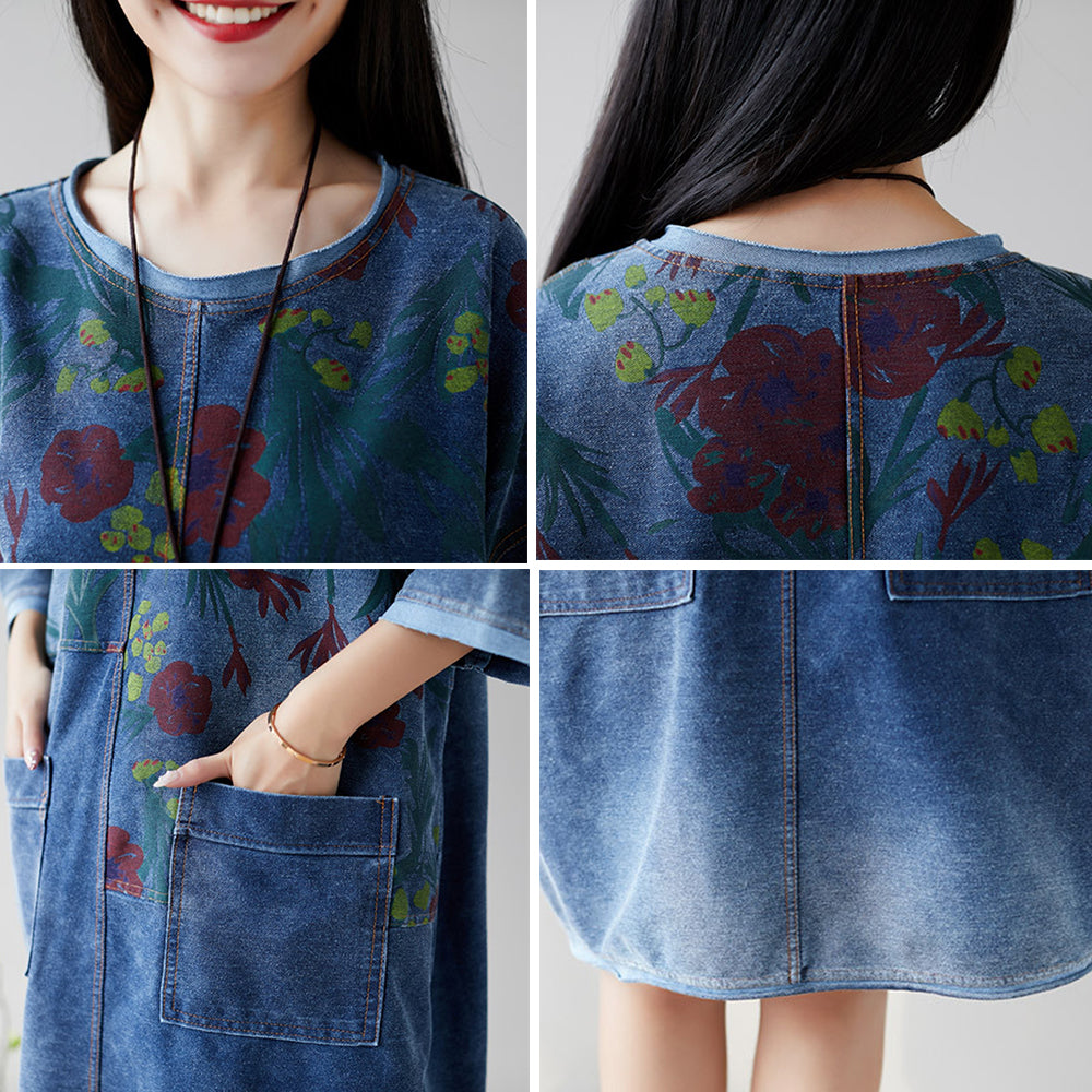 Floral Half-Sleeve Denim Dress With Pockets