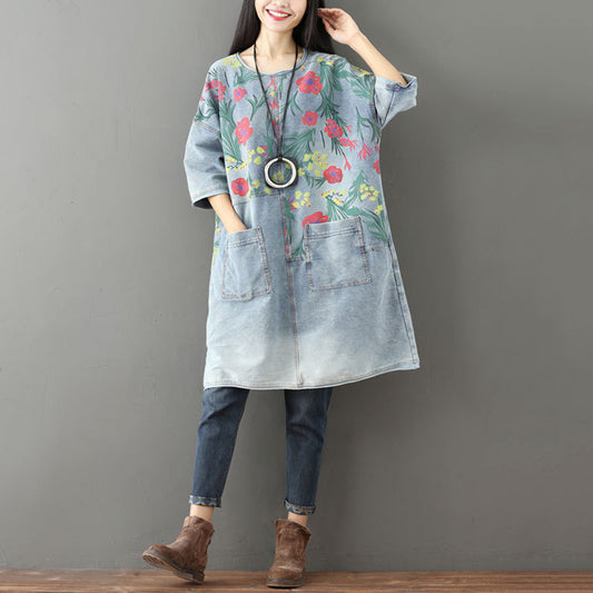 Floral Half-Sleeve Denim Dress With Pockets