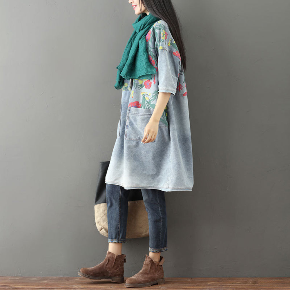 Floral Half-Sleeve Denim Dress With Pockets