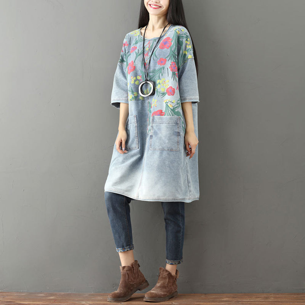 Floral Half-Sleeve Denim Dress With Pockets