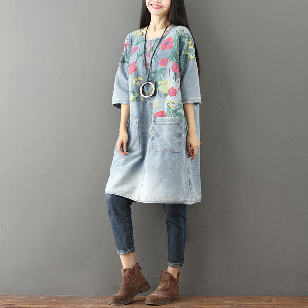 Vintage Floral Print Casual Hollow-Out Denim Dress