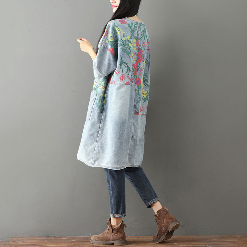 Floral Half-Sleeve Denim Dress With Pockets