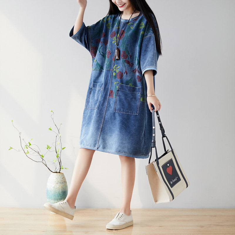 Floral Half-Sleeve Denim Dress With Pockets