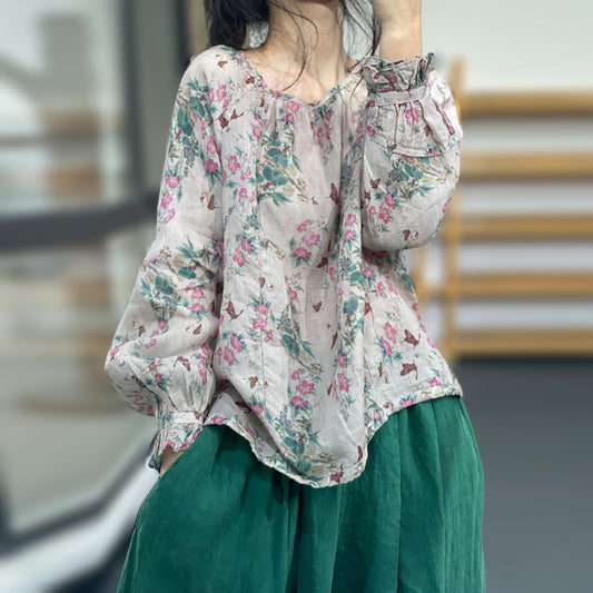 Floral Linen Ruffled Sleeve Blouse