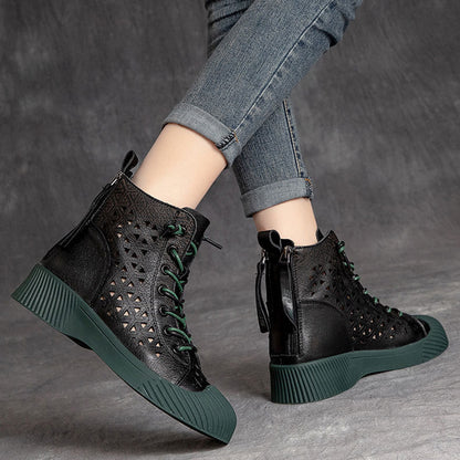 Hollow Out Lace Up Leather Boots - Luckyback