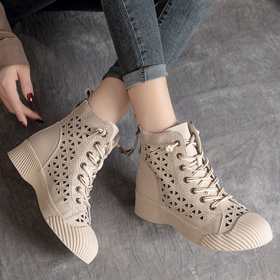 Hollow Out Lace Up Leather Boots - Luckyback