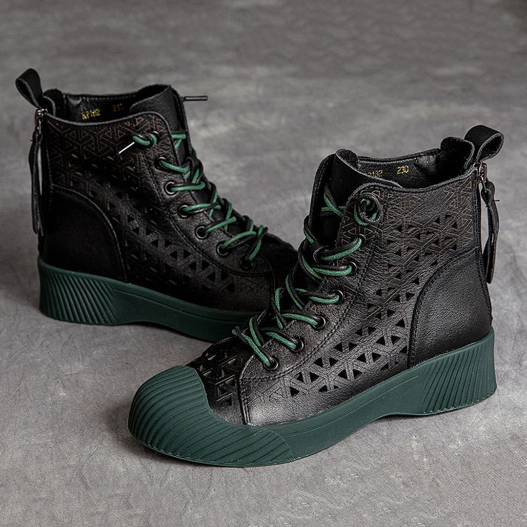 Hollow Out Lace Up Leather Boots - Luckyback