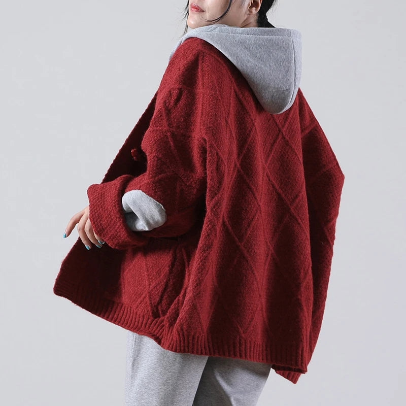 Knitted Patchwork Hooded Sweater Coat - Luckyback