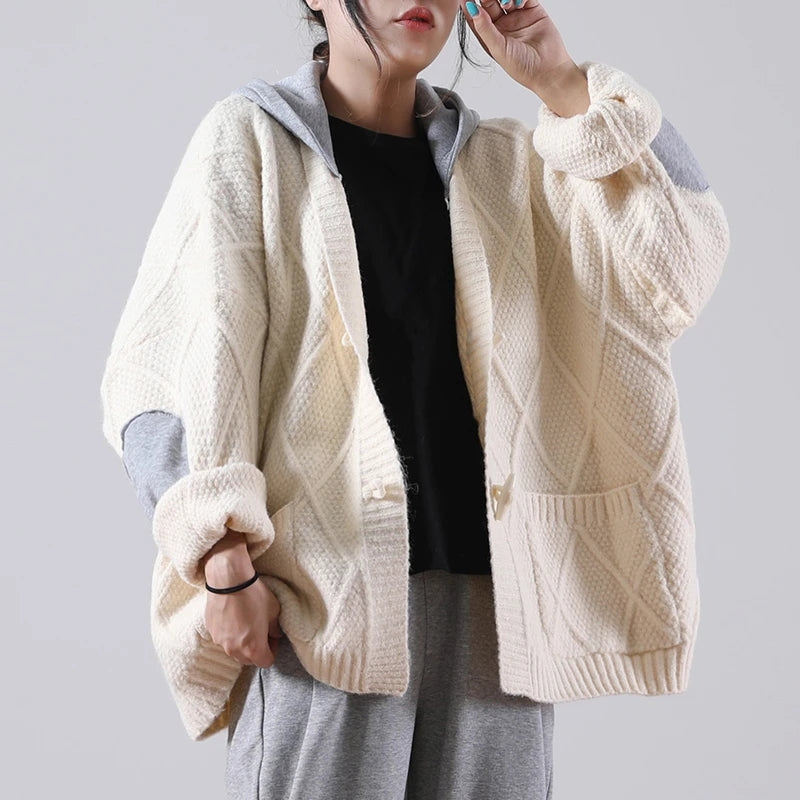 Knitted Patchwork Hooded Sweater Coat - Luckyback